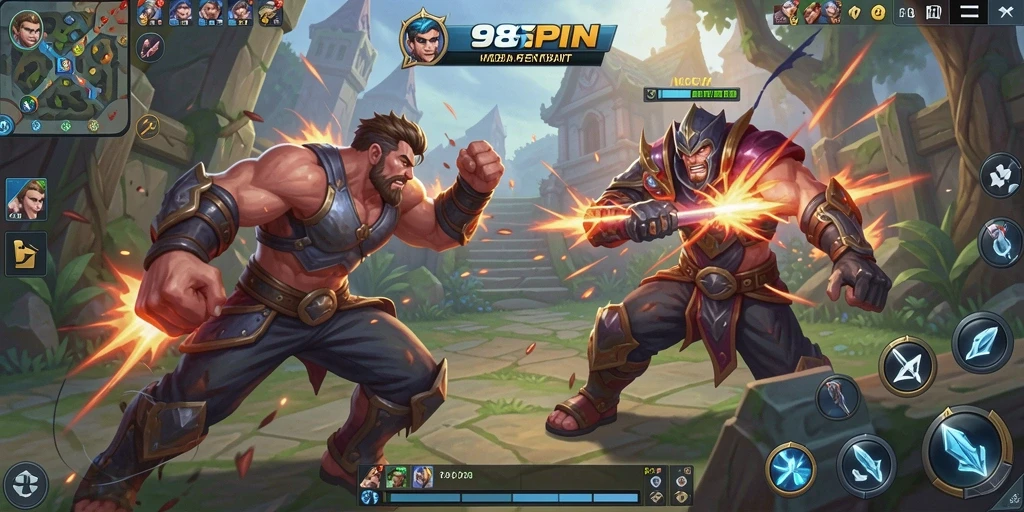 Tampilan menegangkan gameplay MOBA 98SPIN di arena pertarungan.