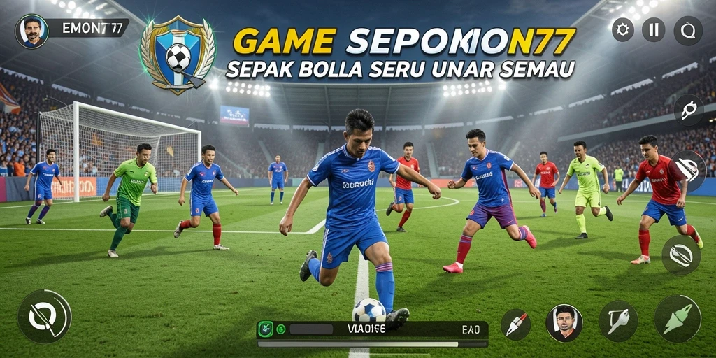 Tampilan gameplay seru dari EMON77 dengan aksi sepak bola intens.