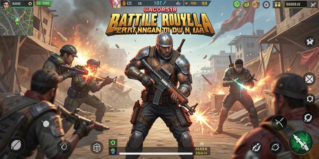 Screenshot gameplay GACOR518 menampilkan pertempuran seru dalam dunia Battle Royale.