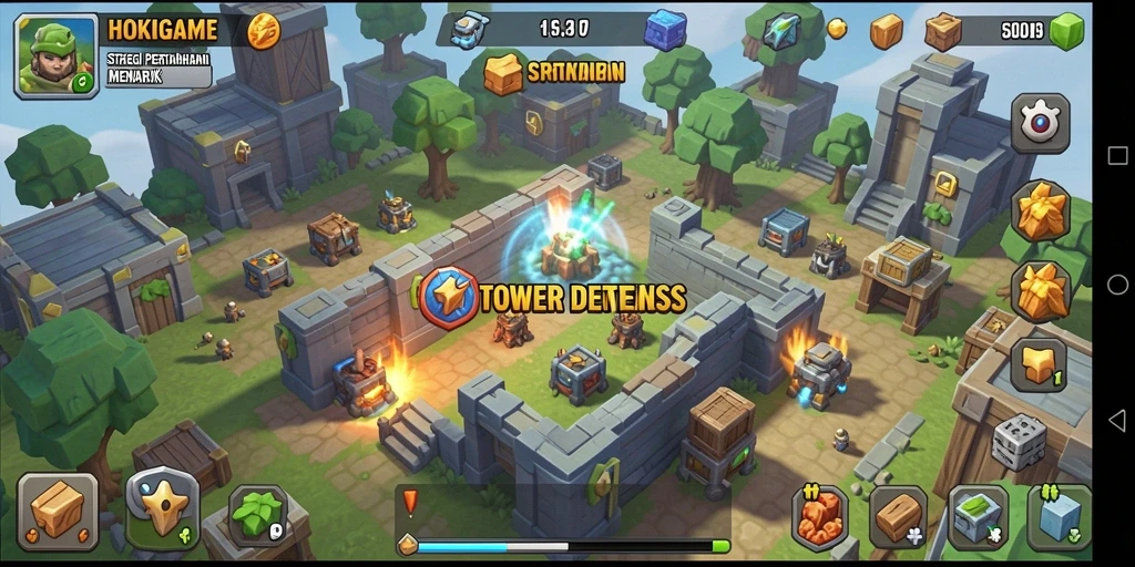 Tangkapan layar HOKIGAME menampilkan aksi seru dalam permainan Tower Defense.