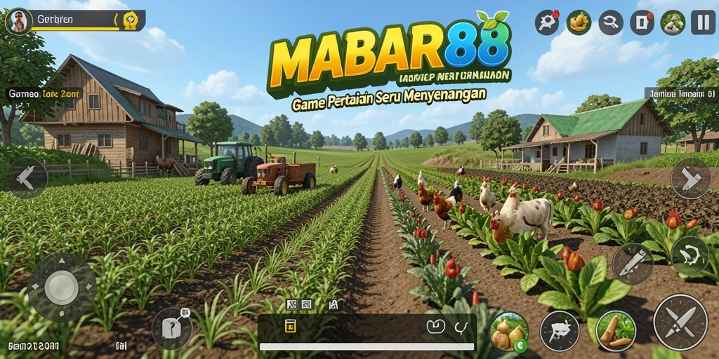 Tampilan gameplay seru di MABAR88 dengan petani dan lahan pertanian.