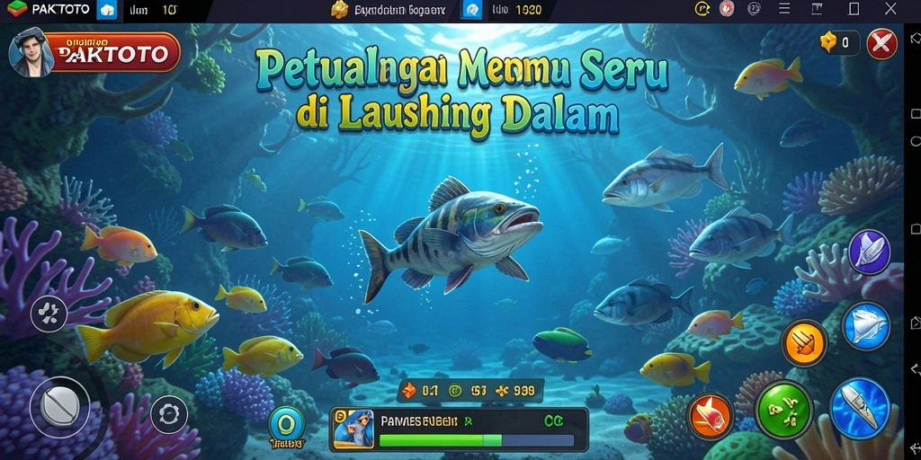 Tampilan gameplay PAKTOTO dengan memancing ikan di laut yang indah.